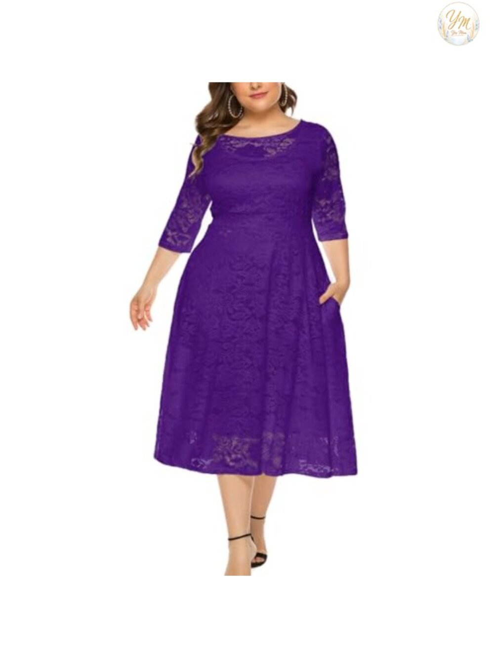 Womens Floral Lace Plus Size Midi Dress Scooped Neck Cocktail Party